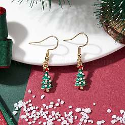 クリスマス ツリー 合金 ラインストーン ダングル イヤリング  エナメルスタイル  女性用304ステンレススチールイヤリング  ゴールドカラー  32x9mm&nbsp;EJEW-JE05828-01