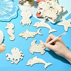 海をテーマにした未完成の空白の木製ペンダントセット（絵画アート用）50個  焼き絵  室内装飾  ジュートコード付き  アンティークホワイト  51~92x44.5~108x2mm  穴：2.5~3.2mm  10スタイル  5個/スタイル&nbsp;DIY-CJC0015-05