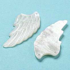 天然石ブラックリップシェルペンダント  介殻  2穴  翼のチャーム  ホワイトスモーク  34x15x1.8~2mm  穴：1mm&nbsp;SHEL-D079-02B