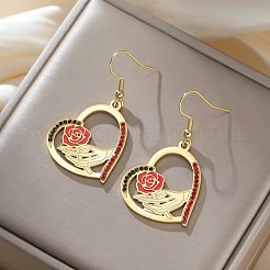女性用304ステンレススチール製エナメルドロップピアス  ハート  ラインストーン付き  ゴールドカラー  28x24mm&nbsp;WGC1138-02