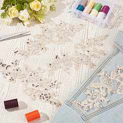 スパンコール刺繍レースアップリケ付きポリエステル4組  チャイナドレスの飾りアクセサリー  ドレス  花  ライトゴールド  240x100x1mm&nbsp;DIY-GF0013-81B