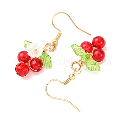 丸いアクリルとガラスビーズの花のダングルイヤリング  ゴールドカラー  レッド  40.5x13.5mm&nbsp;EJEW-JE06634-01