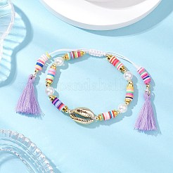 フラットラウンドいポリマー粘土編みビーズブレスレット  女性用 ABS プラスチック模造真珠ラウンドビーズジュエリー  手作りのポリコットン電気メッキシェルビーズとタッセル付き  カラフル  内径：3-1/8インチ（8cm）&nbsp;BJEW-JB11500
