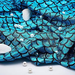 キラキラ光るホログラムスパンデックスマーメイドプリント魚の鱗生地  ストレッチ生地  ダークシアン  150x0.08cm&nbsp;AJEW-WH0277-38