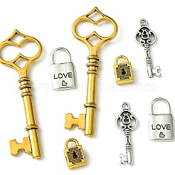 8個 4スタイル チベットスタイル 合金スケルトンキーロックペンダント  アンティークシルバー＆ゴールデン  18~60x8~21x5mm  穴：2.5~5mm  2個/スタイル&nbsp;FIND-FS0002-11