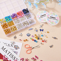 DIY イービルアイ ブレスレット メイキング キット  クロス & ハート & ヘルム & インフィニティ & ヒトデ合金リンクを含む  レジン平丸ビーズ  はさみ  ミックスカラー  628個/セット&nbsp;DIY-TA0004-41