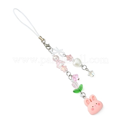 樹脂ウサギ&ガラスビーズ携帯ストラップ  ナイロンコードモバイルアクセサリー装飾  ピンク  16.2cm&nbsp;HJEW-FZ00007
