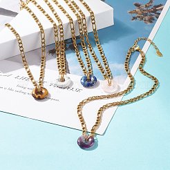 ナチュラルミックスストーンドーナツペンダントネックレス  女性用 304 ステンレススチール フィガロチェーン付き宝石ネックレス  ゴールドカラー  15.87インチ（40.3cm）&nbsp;NJEW-JN03815