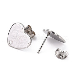 変色しない304ステンレススチールスタッドピアス金具  耳ナッツ  ハート  ステンレス鋼色  12x13mm  穴：1.5mm  ピン：0.7mm&nbsp;STAS-I183-07B-07P