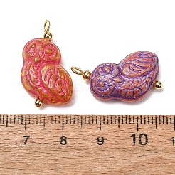 焼き絵の具と金色の金属を編み込んだガラスのペンダント  ピカソのペンダント  フクロウのチャーム  真鍮のループを有します  18KGP本金メッキ  ミックスカラー  25x16x7mm  穴：2.2mm&nbsp;GL-CBA010C-02G