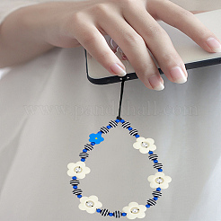 アクリルナイロンロープ携帯ストラップ1個  花  ブルー  202mm  ビーズ：直径3.5~8mm&nbsp;HJEW-LP0001-94