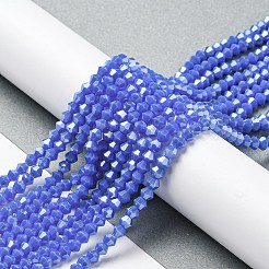 不透明なソリッドカラーの電気めっきガラスビーズ連売り  パール光沢メッキ  多面カット  双円錐形  ミディアムブルー  4x4mm  穴：0.8~1mm  約75~78個/連  28~29cm&nbsp;GLAA-F029-P4mm-C11