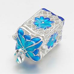 真鍮製祈り箱ペンダント  エナメル  花と直方体  ブルー  銀色のメッキ  28x18x14mm  穴：3.5x6mm&nbsp;KK-D528-04S
