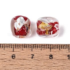 手作りのゴールド＆シルバーの箔ガラスビーズ  長方形  多面カット  ファイヤーブリック  11~12x10~11x10~11mm  穴：1~1.5mm&nbsp;FOIL-Q003-01G