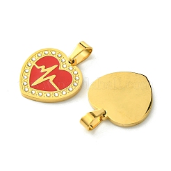 イオンプレーティング（IP）304ステンレスペンダント  エナメルとラインストーン付き  18KGP本金メッキ  ハートビートチャーム付き  レッド  21x21x2mm  穴：6.5x4mm&nbsp;STAS-C101-06G