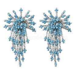 女性用ガラスシードビーズスタッドピアス  花  タッセルピアス  プラチナ  ミックスカラー  55x27mm&nbsp;EJEW-MZ00760