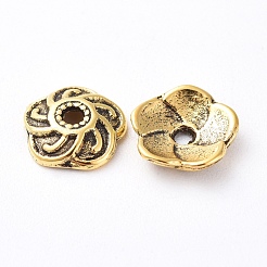 チベット風キャップ  鉛フリー＆カドミウムフリー＆ニッケルフリー  花  アンティークゴールデンカラー  9x9x2.5mm  穴：2mm&nbsp;TIBEB-EA9031Y-AG-FF