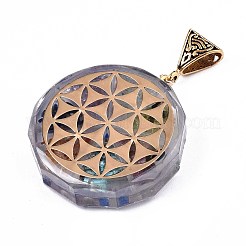 透明エポキシ樹脂錬金術ペンダント  天然宝石チップ付き  金フォイル  魔法の模様とフラットラウンド  カラフル  39.5x35.5x10.5~11.5mm  穴：5x9mm&nbsp;RESI-T049-15