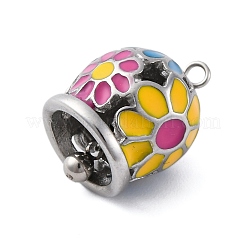 304ステンレスペンダント  エナメル  花のチャーム付きベル  ステンレス鋼色  16x13mm  穴：1.5mm&nbsp;STAS-H235-11P