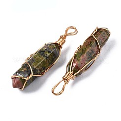天然unakiteビッグペンダント  ゴールデン真鍮パーツ  六角形のプリズム  44.5~52x10~11x9.5~10.5mm  穴：4x7mm&nbsp;G-T122-70C