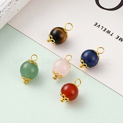 ナチュラルラピスラズリ＆レッドアゲート＆グリーンアベンチュリン＆ローズクォーツ＆タイガーアイペンダント  鉄製のビーズキャップと真鍮製のボールヘッドピンのパーツ  ラウンド  ゴールドカラー  14~15.5x8~8.5mm  穴：2~2.5mm.&nbsp;PALLOY-JF00580