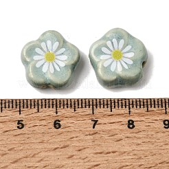 釉薬をかけたデイジーの花柄プリントの磁器ビーズ  手作りの花柄セラミックビーズ  アクア  15~16x15~16x5.5~6.5mm  穴：2mm&nbsp;PR-CBA03B0-04B