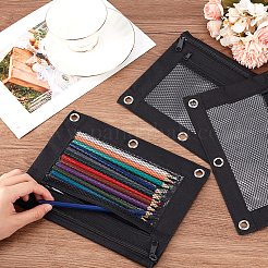 長方形ポリエステルメッシュペンバッグ3個  鉄のジッパー付き  学習用品  ブラック  183x285x6.5mm  穴：9.5mm&nbsp;AJEW-CP0008-05
