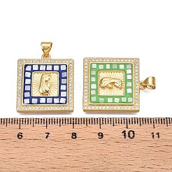 真鍮マイクロパヴェクリアキュービックジルコニアペンダント  カドミウムフリー＆鉛フリー  シェル＆エナメル付き  スクエア＆キリスト教のチャーム  ミックスカラー  24.5x22x4mm  穴：5x3.5mm&nbsp;KK-N254-216G-A