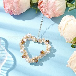 ハートガラス＆シェルパールビーズペンダント装飾  真鍮アズキチェーン吊り下げ装飾品  ゴールドカラー  165mm&nbsp;HJEW-JM01984