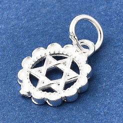 スターリングシルバーの花のダビデの星チャーム925個  丸カン付き  銀  12x9.5x1.3mm  穴：3.8mm&nbsp;STER-F059-02S