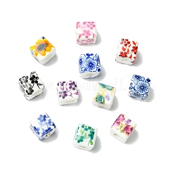 プリントされた磁器のヨーロッパのビーズ  キューブ  大穴ビーズ  ミックスカラー  10x10x10mm  穴：4mm&nbsp;FIND-CJZ0001-003