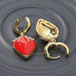 真鍮製マイクロパヴェキュービックジルコニアフープピアス  エナメル  鉛フリー＆カドミウムフリー  長持ちメッキ  ラックめっき  苺  18KGP本金メッキ  38x19mm&nbsp;EJEW-R016-09G