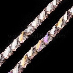 電気メッキ透明ガラスビーズ連売り  半分虹メッキ  ファセットツイスト長方形  ロージーブラウン  10x8x5mm  穴：1.2mm  約49~51個/連  21.26''（54センチメートル）&nbsp;GLAA-G092-A06