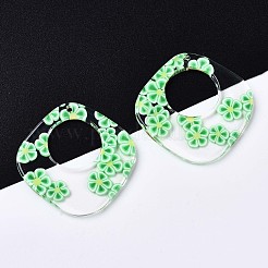 無色透明セルロースアセテート（樹脂）ペンダント  印刷  花と菱形  ライムグリーン  36x35x2.5mm  穴：1.4mm&nbsp;LS-KY-T040-63A