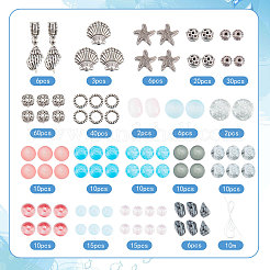 海をテーマにしたDIYストレッチブレスレット作成キット  ヒトデ & & 花 & バイコーン & 貝殻形合金ビーズ & チャームを含む  ガラスロンデル＆スノーフレークオブシディアンチップビーズ  ミックスカラー  285個/箱&nbsp;DIY-SC0021-55