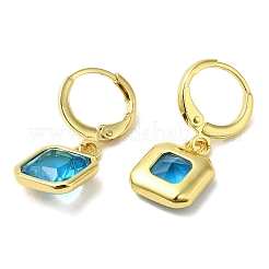 本物の18K金メッキ真鍮ダングルフレンチフックピアス  四角いガラス付き  ディープスカイブルー  25.5x10.5mm&nbsp;EJEW-L268-005G-03