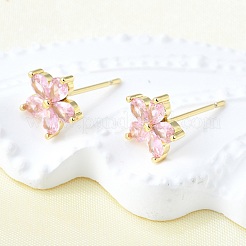女性のための真鍮パヴェ キュービックジルコニア スタッド イヤリング  花  16KGP本金メッキ  9.5x10mm&nbsp;EJEW-F363-04G