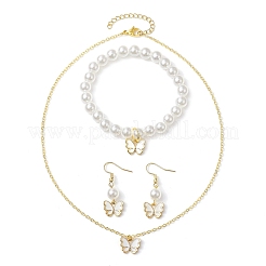 合金エナメル蝶チャームネックレス＆ダングルイヤリング＆ABSプラスチック模造真珠ビーズブレスレットセット  女性用ジュエリーセット  ホワイト  380mm&nbsp;SJEW-JS01315-03