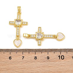 真鍮マイクロパヴェクリアキュービックジルコニアペンダント  アクリルと  ハートチャーム付きクロス  18KGP本金メッキ  31x15x3mm  穴：5x3mm&nbsp;CU-CBAA571-14P