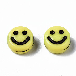 不透明なクラフトアクリルビーズ  笑顔とフラットラウンド  きいろ  7x3.5mm  穴：1.5mm&nbsp;X-MACR-S369-003B-02-01