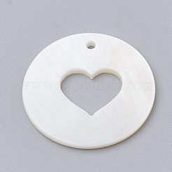淡水シェルペンダント  ハート付きフラットラウンド  乳白色  25x1.5~2mm  穴：1.5mm&nbsp;SHEL-N020-13