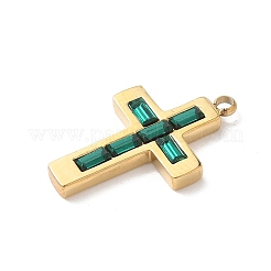 304ステンレススチールラインストーンペンダント  クロスチャーム  14KGP本金メッキ  エメラルド  25x15x3.5mm  穴：1.8mm&nbsp;STAS-L022-085G-09