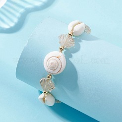 合成ターコイズ、天然ミックスシェル、アクリルビーズを使用した女性用調節可能ブレスレット  ヒトデと貝殻の形とタカラガイの貝殻  フローラルホワイト  内径：2.17インチ（5.5cm）&nbsp;BJEW-TA00743
