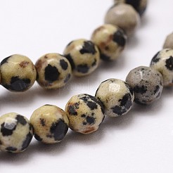 天然石ダルメシアンジャスパービーズ連売り  多面カット  ラウンド  4mm  穴：1mm  約96個/連  14.9インチ〜15.1インチ&nbsp;X-G-D840-49-4mm
