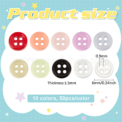 ナイロンボタン500色10個  4穴  人形の衣類アクセサリー用  フラットラウンド  ミックスカラー  6x1.5mm  穴：0.9mm  50個/カラー&nbsp;BUTT-FG0001-22