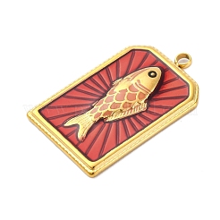 304ステンレスペンダント  エナメル  イオンプレーティング（ip）  18KGP本金メッキ  魚のチャームが付いた長方形  ファイヤーブリック  28x18x3mm  穴：2mm&nbsp;STAS-V004-14G-01