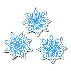 片面クリスマスプリントウッドビッグペンダント  スノーフレークチャーム  ドジャーブルー  50x50x2.5mm  穴：1.6mm&nbsp;WOOD-D025-11