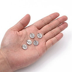 変色しない304ステンレススチールチャーム  星座/星座とフラットラウンド  双子座  12x1mm  穴：3mm&nbsp;STAS-Q201-T445-3S