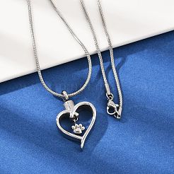 304ステンレススチール製ハート型足跡ペンダントペット骨壷灰ネックレス  変色しない  ステンレス鋼色  21.65インチ（55cm）&nbsp;LS-NJEW-S455-04P