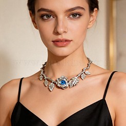 合金クリスタルラインストーン＆樹脂ブルーイーブルアイローズフラワーヒンジオープンカフチョーカーネックレス（女性用）  プラチナ  11.81~15.75インチ（30~40cm）&nbsp;WG757BF-02